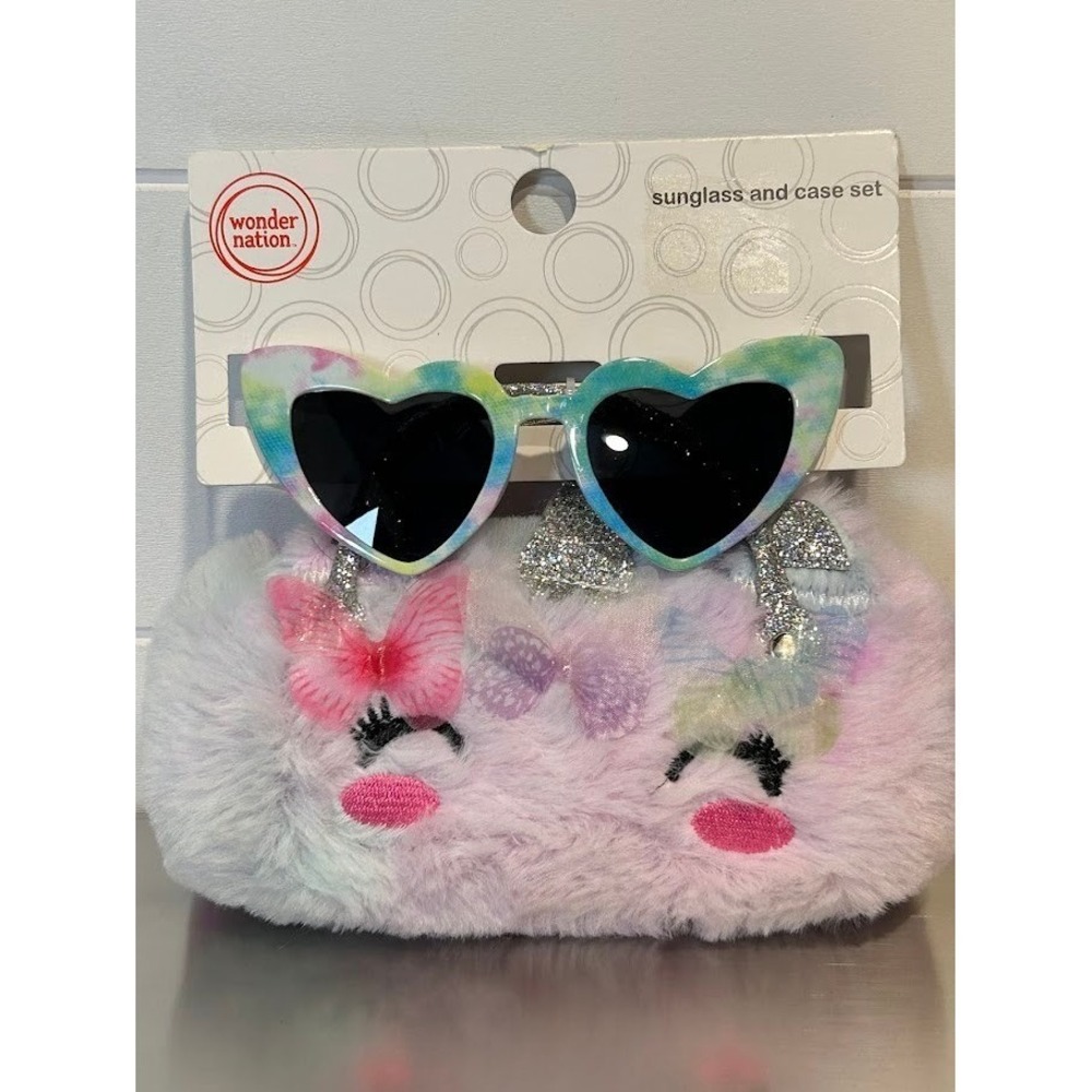 Wonder Nation Kids Heart Tie Dye Sunglasses and Plush Faux Fur Case Set Purple